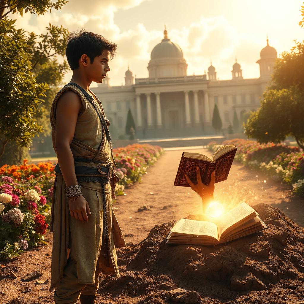 In a lush garden outside a grand palace under golden sunlight, a tense moment unfolds as 16-year-old Prince Veer anxiously awaits his brother Nivar