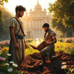 In a lush garden outside a grand palace under golden sunlight, a tense moment unfolds as 16-year-old Prince Veer anxiously awaits his brother Nivar