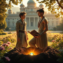 In a lush garden outside a grand palace under golden sunlight, a tense moment unfolds as 16-year-old Prince Veer anxiously awaits his brother Nivar