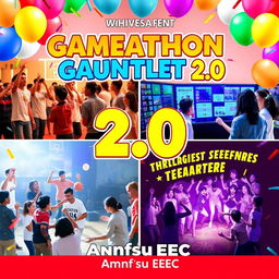 A vibrant digital poster for an event named 'Gameathon Gauntlet 2
