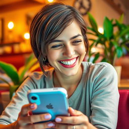 A cheerful person with a bright smile, enjoying using a mobile phone
