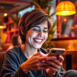 A cheerful person with a bright smile, enjoying using a mobile phone