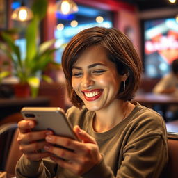 A cheerful person with a bright smile, enjoying using a mobile phone