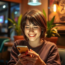 A cheerful person with a bright smile, enjoying using a mobile phone