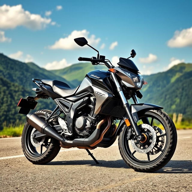 A sleek Madnas GT 130 motorcycle parked on a scenic mountain road