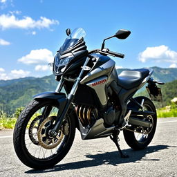 A sleek Madnas GT 130 motorcycle parked on a scenic mountain road