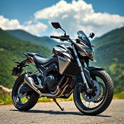 A sleek Madnas GT 130 motorcycle parked on a scenic mountain road