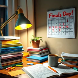A cozy study environment, featuring a desk piled with colorful, well-organized textbooks and notes