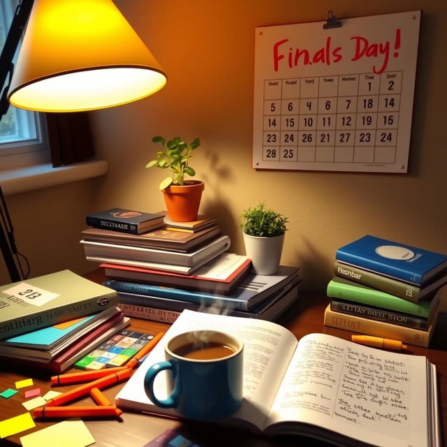 A cozy study environment, featuring a desk piled with colorful, well-organized textbooks and notes