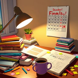 A cozy study environment, featuring a desk piled with colorful, well-organized textbooks and notes