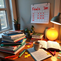 A cozy study environment, featuring a desk piled with colorful, well-organized textbooks and notes