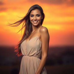 A stunning and attractive model posed gracefully against a vibrant sunset backdrop, showcasing her radiant smile and confident demeanor