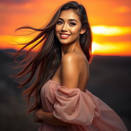 A stunning and attractive model posed gracefully against a vibrant sunset backdrop, showcasing her radiant smile and confident demeanor