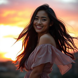 A stunning and attractive model posed gracefully against a vibrant sunset backdrop, showcasing her radiant smile and confident demeanor