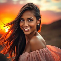 A stunning and attractive model posed gracefully against a vibrant sunset backdrop, showcasing her radiant smile and confident demeanor