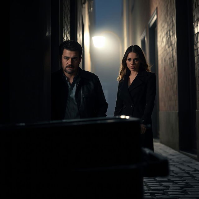 A cinematic scene depicting two individuals, a man and a woman, who are cautiously peeking around the corner of a building, their faces filled with curiosity and intrigue