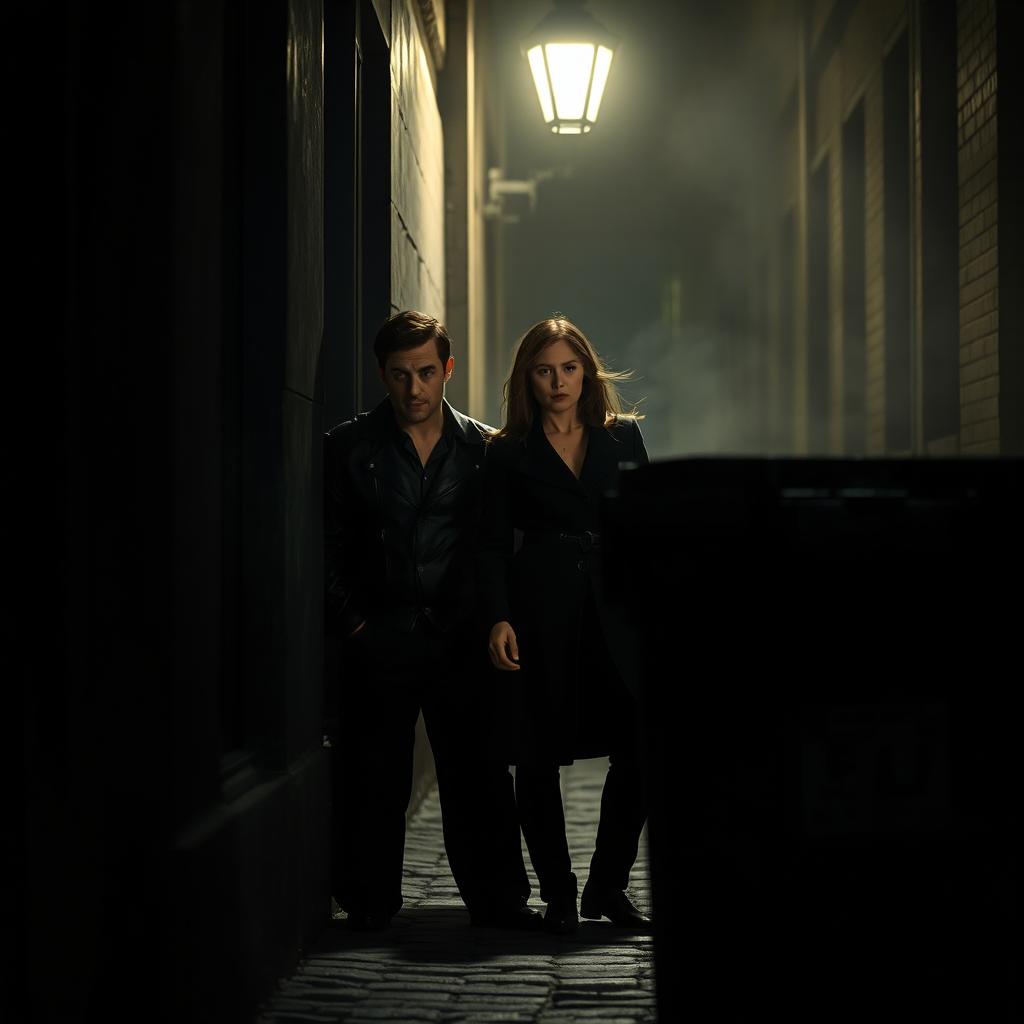 A cinematic scene depicting two individuals, a man and a woman, who are cautiously peeking around the corner of a building, their faces filled with curiosity and intrigue