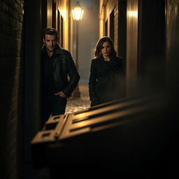 A cinematic scene depicting two individuals, a man and a woman, who are cautiously peeking around the corner of a building, their faces filled with curiosity and intrigue