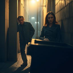 A cinematic scene depicting two individuals, a man and a woman, who are cautiously peeking around the corner of a building, their faces filled with curiosity and intrigue