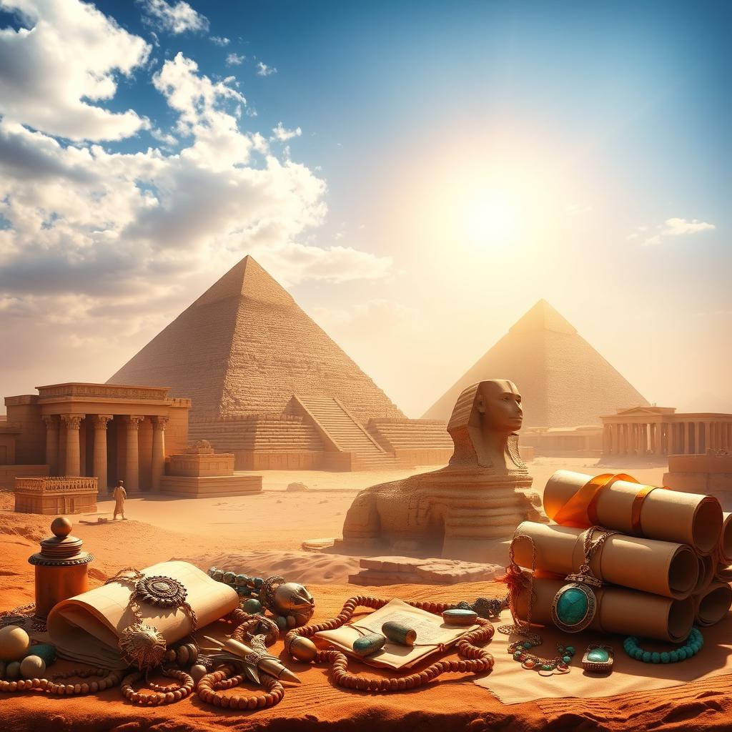 A captivating depiction of Egypt's wonders, showcasing iconic landmarks such as the Great Pyramids of Giza, the Sphinx, and ancient temples like Karnak