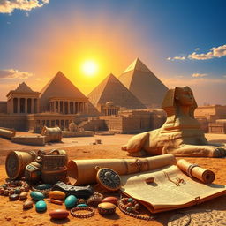 A captivating depiction of Egypt's wonders, showcasing iconic landmarks such as the Great Pyramids of Giza, the Sphinx, and ancient temples like Karnak