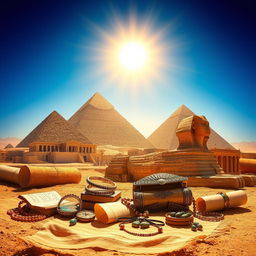 A captivating depiction of Egypt's wonders, showcasing iconic landmarks such as the Great Pyramids of Giza, the Sphinx, and ancient temples like Karnak