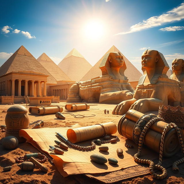 A captivating depiction of Egypt's wonders, showcasing iconic landmarks such as the Great Pyramids of Giza, the Sphinx, and ancient temples like Karnak