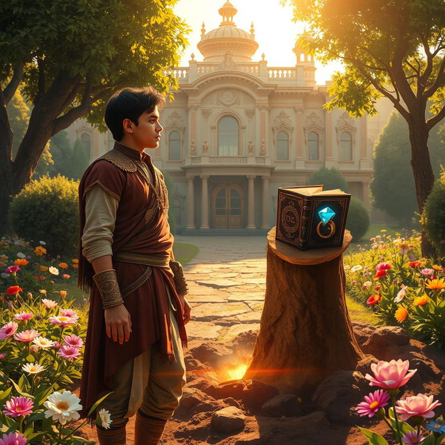 In a lush garden outside a very large grand palace, under golden sunlight, 16-year-old Prince Veer anxiously awaits his brother Nivar