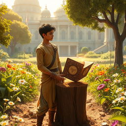 In a lush garden outside a very large grand palace, under golden sunlight, 16-year-old Prince Veer anxiously awaits his brother Nivar