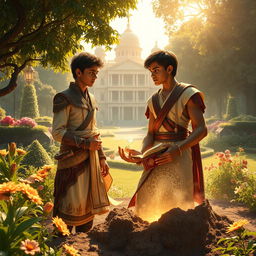 In a lush garden outside a very large grand palace, under golden sunlight, 16-year-old Prince Veer anxiously awaits his brother Nivar
