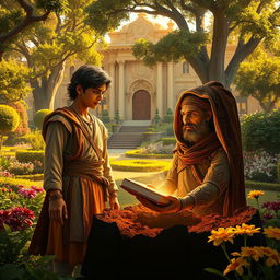 In a lush garden outside a very large grand palace, under golden sunlight, 16-year-old Prince Veer anxiously awaits his brother Nivar