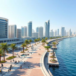 A stunning depiction of the Jeddah waterfront, integrating futuristic architectural projects aligned with Saudi Arabia's Vision 2030 aspirations