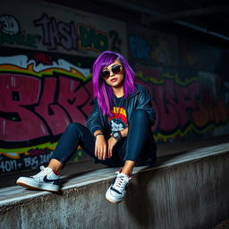 A stylish young woman with vibrant purple hair, dressed in fashionable streetwear, casually sits on a cement ledge