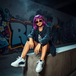 A stylish young woman with vibrant purple hair, dressed in fashionable streetwear, casually sits on a cement ledge