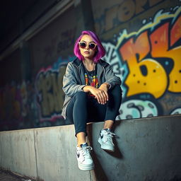 A stylish young woman with vibrant purple hair, dressed in fashionable streetwear, casually sits on a cement ledge