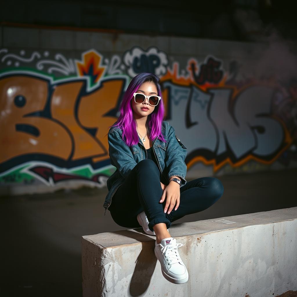 A stylish young woman with vibrant purple hair, dressed in fashionable streetwear, casually sits on a cement ledge