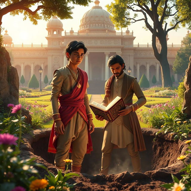 In a lush garden outside a grand palace under golden sunlight, a 16-year-old prince named Veer stands anxiously waiting for his brother Nivar