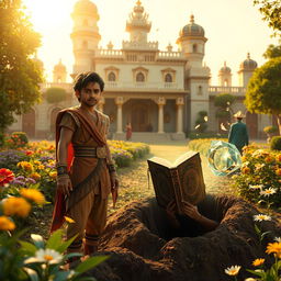 In a lush garden outside a grand palace under golden sunlight, a 16-year-old prince named Veer stands anxiously waiting for his brother Nivar