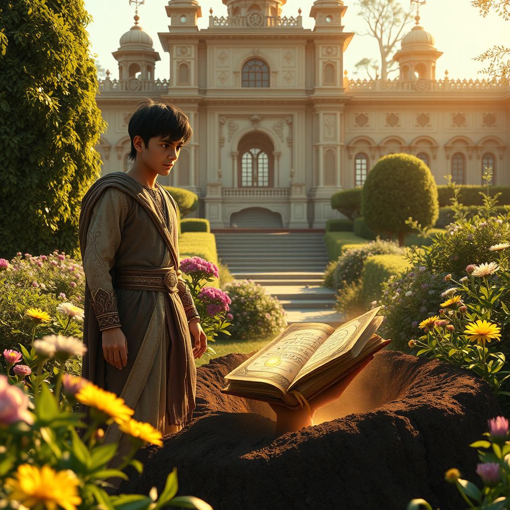 In a lush garden outside a grand palace under golden sunlight, a 16-year-old prince named Veer stands anxiously waiting for his brother Nivar