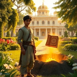 In a lush garden outside a grand palace under golden sunlight, a 16-year-old prince named Veer stands anxiously waiting for his brother Nivar