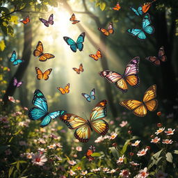 A magical scene featuring vibrant and dreamlike butterflies of various species flitting about in a lush, enchanted forest