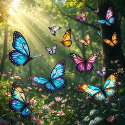 A magical scene featuring vibrant and dreamlike butterflies of various species flitting about in a lush, enchanted forest