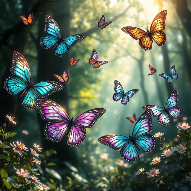 A magical scene featuring vibrant and dreamlike butterflies of various species flitting about in a lush, enchanted forest