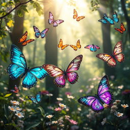 A magical scene featuring vibrant and dreamlike butterflies of various species flitting about in a lush, enchanted forest