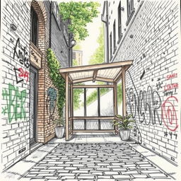 A detailed sketch drawing of a street alley featuring a waiting shed from a unique perspective