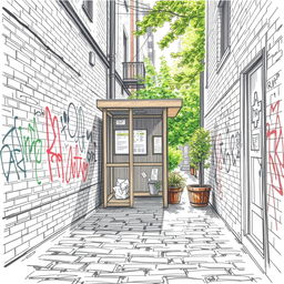 A detailed sketch drawing of a street alley featuring a waiting shed from a unique perspective