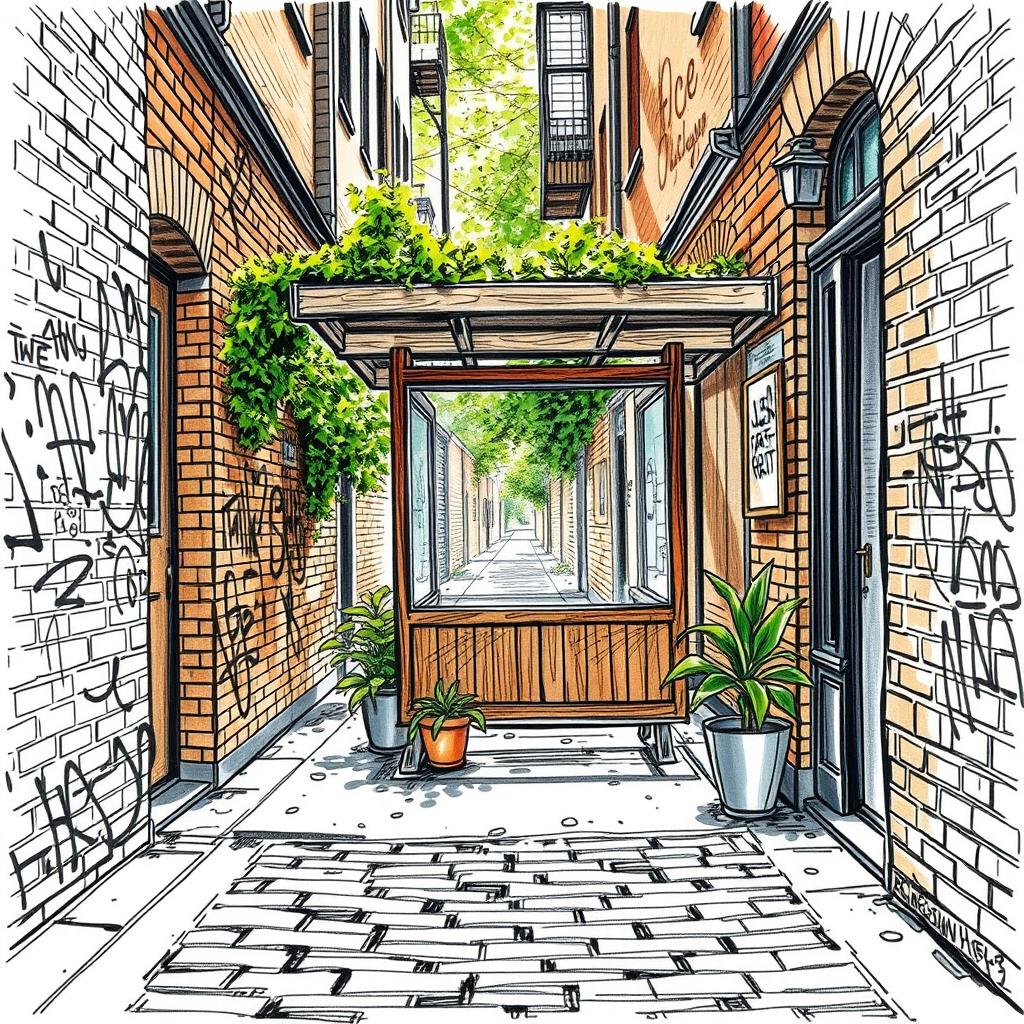 A detailed sketch drawing of a street alley featuring a waiting shed from a unique perspective