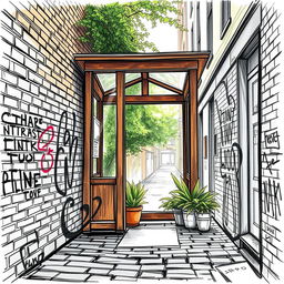 A detailed sketch drawing of a street alley featuring a waiting shed from a unique perspective