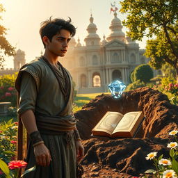 In a lush garden outside a grand magical palace under golden sunlight, a young prince anxiously awaits his brother