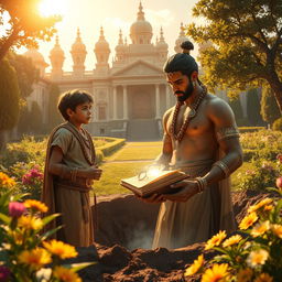 In a lush garden outside a grand magical palace under golden sunlight, a young prince anxiously awaits his brother